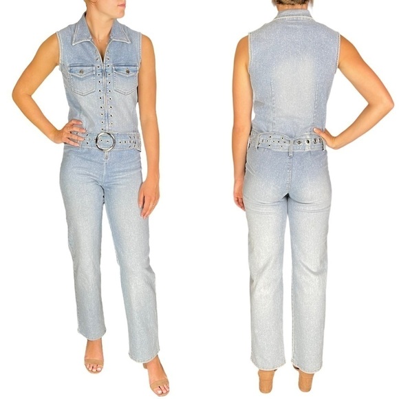 VINTAGE 90s DENIM JUMPSUIT BELTED SLEEVELESS LIGHT WASH FITTED - FASHION BUG - Picture 1 of 15